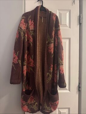 Free People Brown Floral Open Knit Cardigan with Pink and Green Accents